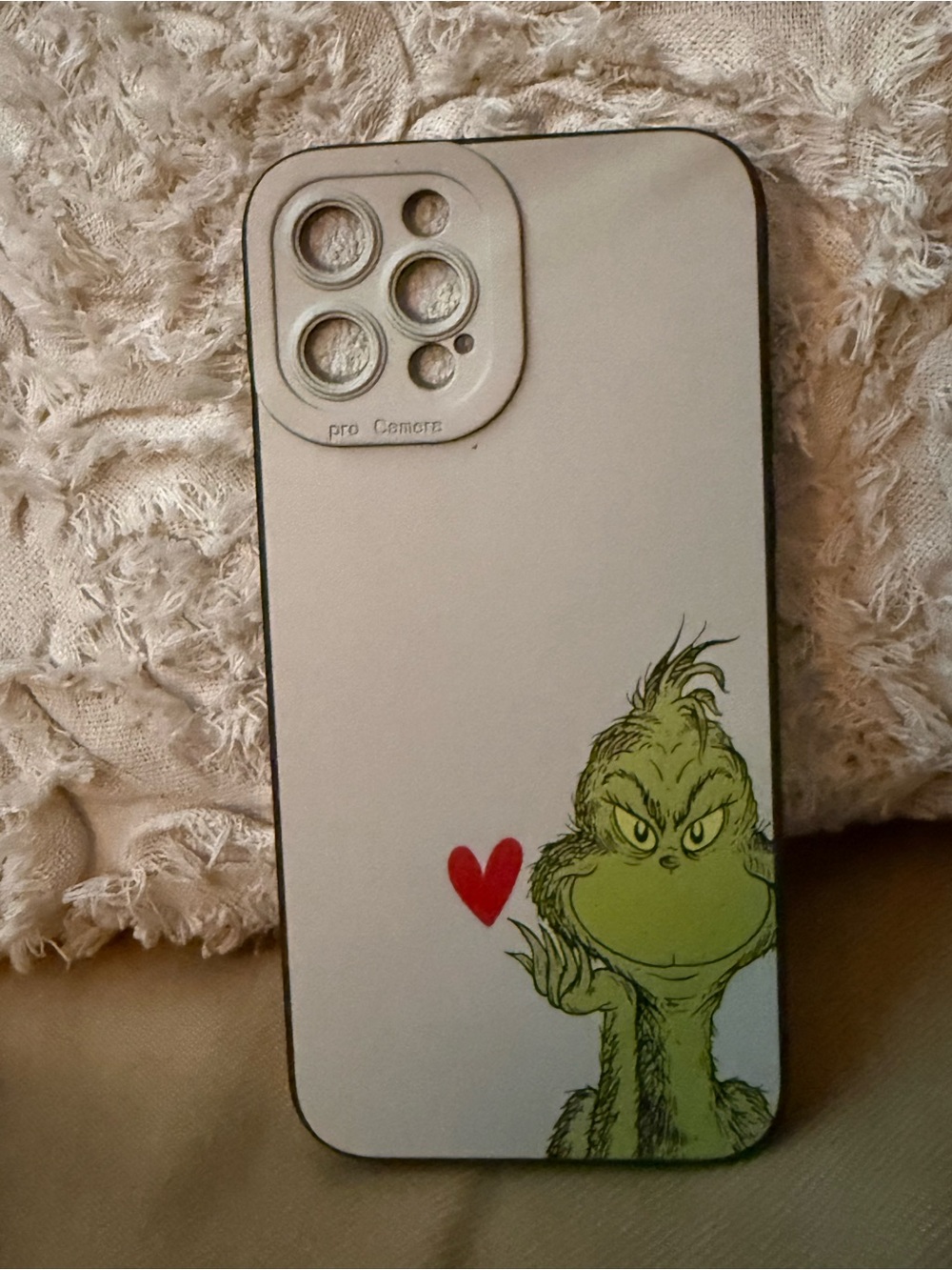 White Grinch Graphic Phone Case with Red Heart Accent